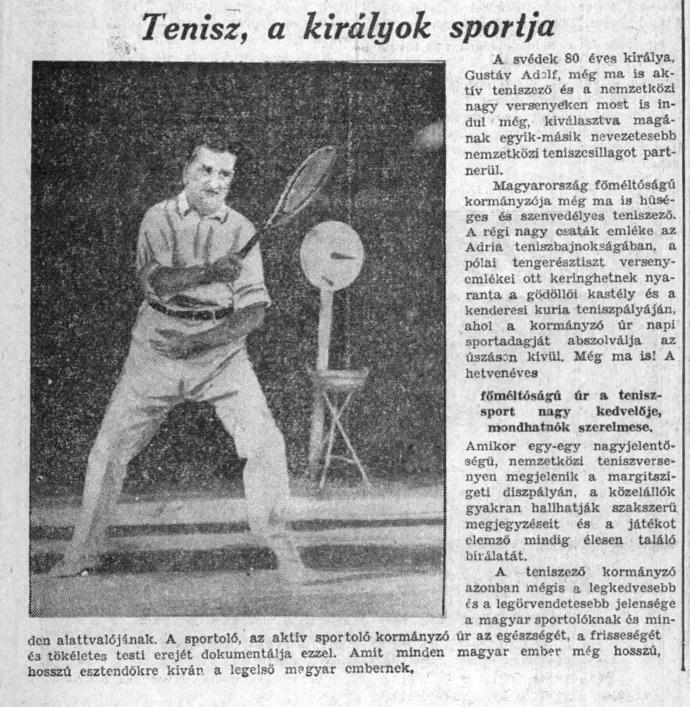 Horthy Miklós teniszezik az Esti Ujság 1938. december 25-i számában – Forrás: Arcanum Digitális Tudománytár / Esti Ujság, 1938. december – 3. évfolyam, 274–298. szám