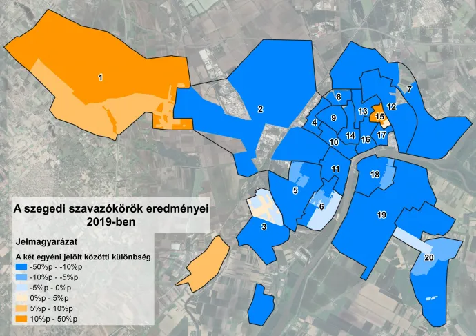 Eltérések a 2019-es önkormányzati választások kormánypárti (sárgával) és ellenzéki (kékkel) egyéni képviselőjelöltjeinek eredményei között – Illusztráció: Választási Földrajz / Telex