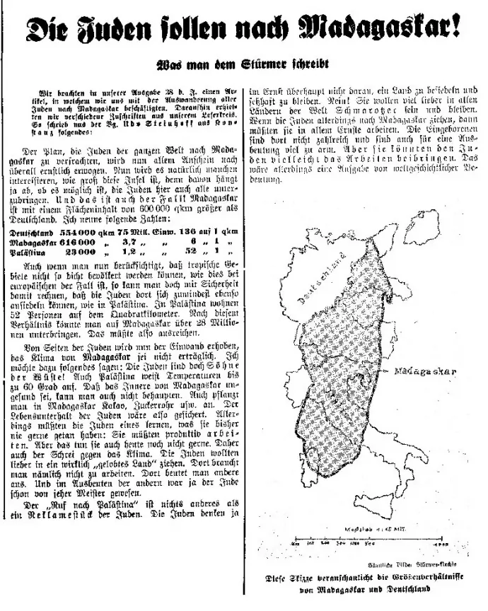 A zsidók madagaszkári kitelepítéséről szóló cikk 1938-ban, a Der Stürmer című náci lapban – Fotó: Wikipedia