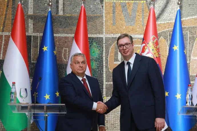 Orbán Viktor miniszterelnök és Aleksandar Vučić szerb elnök sajtótájékoztatója Belgrádban 2023. szeptember 29-én – Fotó: Milos Miskov / Anadolu Agency / Anadolu via AFP