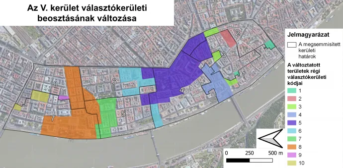 Budapest V. kerület választókerületi beosztásának változása a HVI vezetőjének 2/2023. (XI.28.) számú határozata alapján – Illusztráció: Választási földrajz / Telex