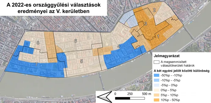 A 2022-es országgyűlési választások szavazóköri eredményei az V. kerületben – Illusztráció: Választási földrajz / Telex