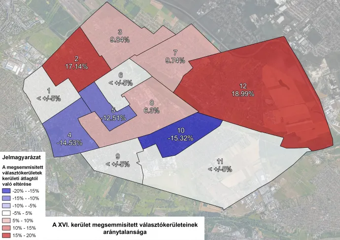 A megsemmisített XVI. kerületi választókerületi beosztás aránytalanságai a HVI vezetőjének 2/2023. (XI.21.) számú határozata alapján – Forrás: Választási Földrajz / Telex