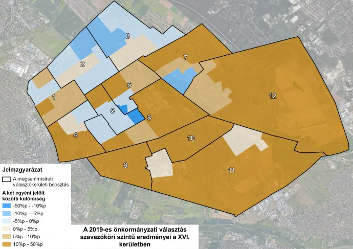 A 2019-es önkormányzati választások szavazóköri eredményei a XVI. kerületben – Illusztráció: Választási földrajz / Telex
