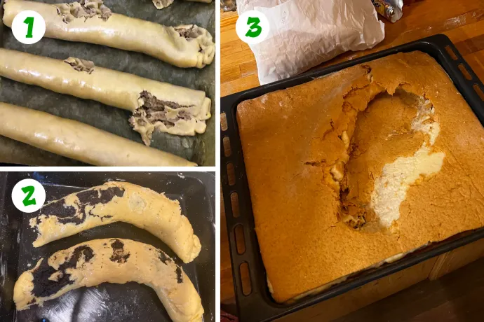 Az első képen: egy keletlen zablisztes csokis (1), nutellás (2), illetve naracsos-sütőtökös-csokis (3) felesleges próbálkozás. A második képen: saját cicás (1), kiskutyás (2) és barát által taposott mézes (3). A harmadik képen: repedések, mindenféle nyílások (balra) és az eltört diósbuci (jobbra)