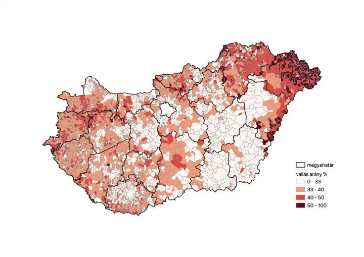 A 2022-es népszámlálás során vallási felekezetet választani tudók aránya a települések lakosságának arányában (százalékban kifejezve) – Illusztráció: Bódi Mátyás / Telex