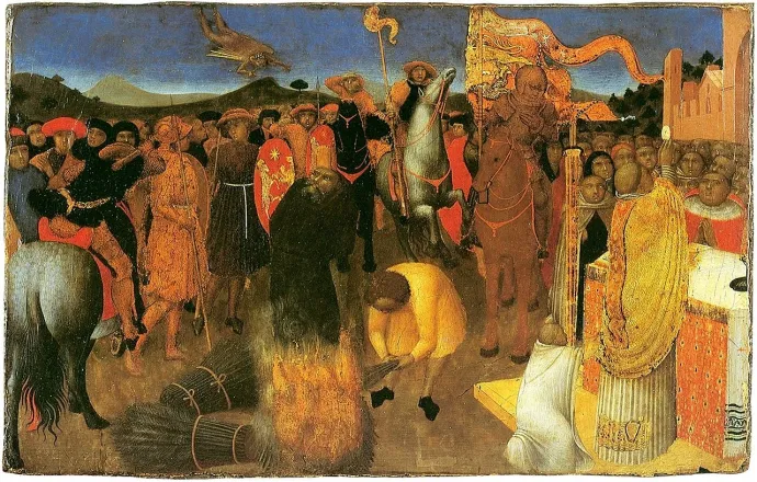 Stefano di Giovanni Husz János máglyahalálát ábrázoló oltárképe, amelyet a sienai gyapjúkészítők céhe rendelésére festett 1423 és 1426 között, jelenleg a melbourne-i Victoria Múzeumban található – Forrás: Wikimedia Commons