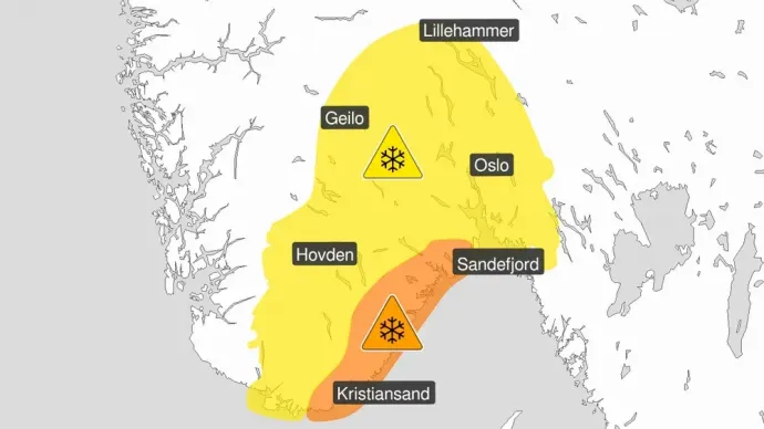 A norvég meteorológiai intézet ezt az előrejelzést adta ki december 29-én (én a narancssárga részen lakom) – Fotó: Meteorologisk Institutt