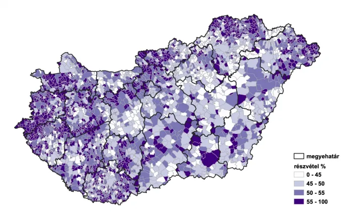 Választási részvétel (százalék) a 2008 március 8-án tartott szociális népszavazáson – Térkép: Bódi Mátyás / Telex