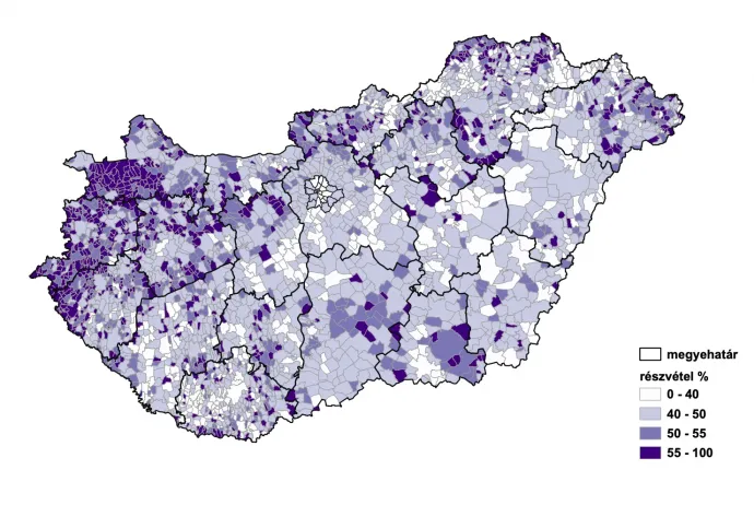 Részvételi arány (százalék) a 2016. október 2-án tartott kvótanépszavazáson – Térkép: Bódi Mátyás / Telex