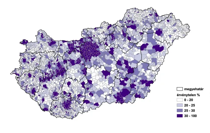 A 2022 április 3-án tartott népszavazáson érvénytelenül szavazók aránya (százalék) – Térkép: Bódi Mátyás / Telex