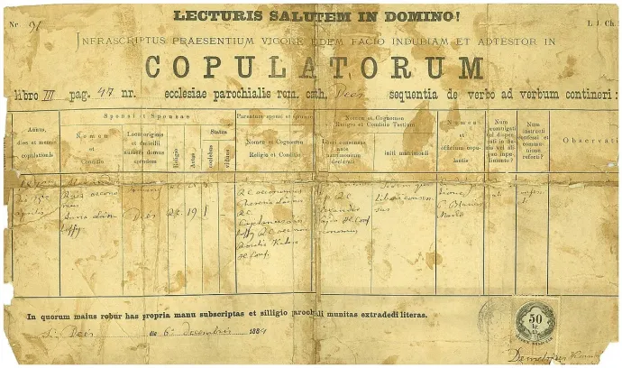 A Katolikus Egyház plébániája által kiállított házassági anyakönyvi kivonat – Dés, 1884 – Forrás: Wikipédia