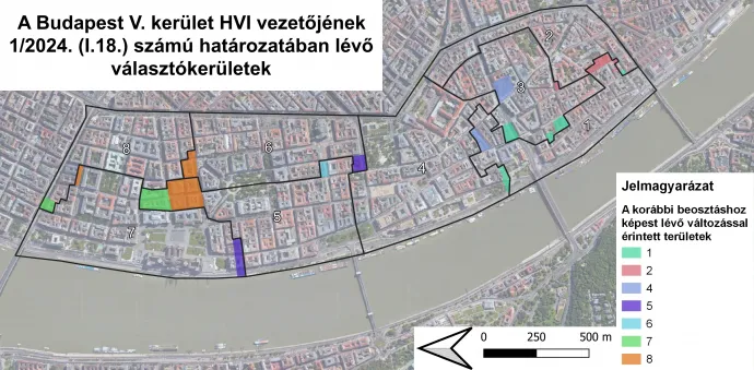 Budapest V. kerület választókerületi beosztásának változása a HVI vezetőjének 1/2024. (I.18.) számú határozata alapján – Illusztráció: Választási földrajz / Telex