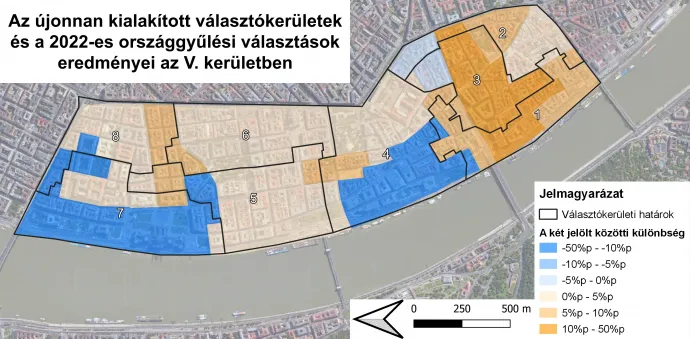 A 2022-es országgyűlési választások szavazóköri eredményei az V. kerületben – Illusztráció: Választási földrajz / Telex