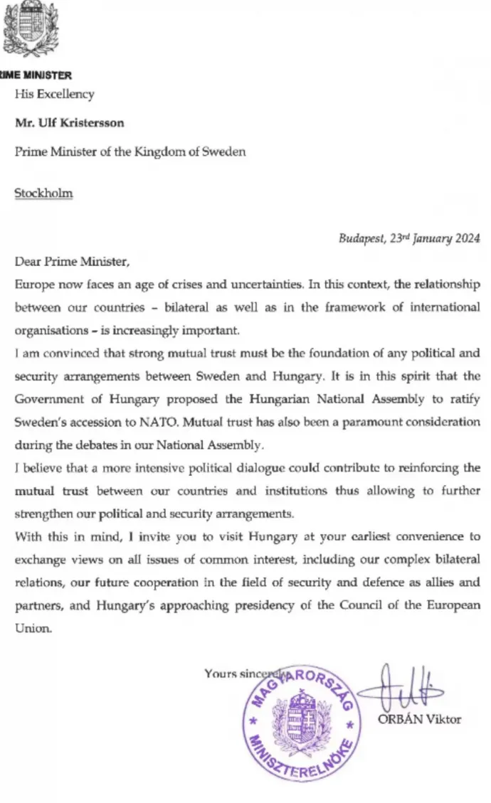 Orbán Viktor levele a svéd miniszterelnökhöz 