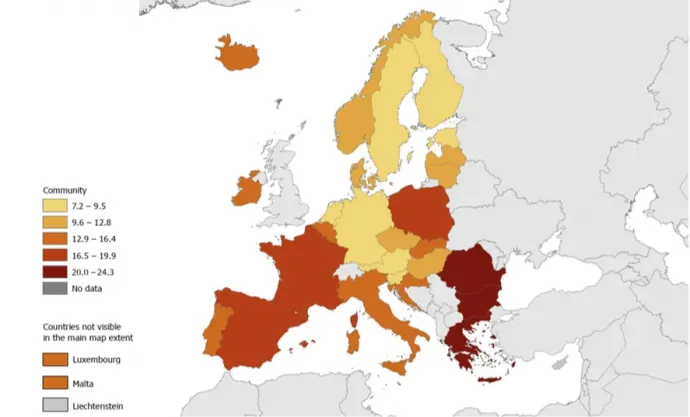 EU-s összesítés 2021-ben arról, hogy hol mennyire fogy az antibiotikum. Románia jól láthatóan az élbolyban foglal helyet – Forrás: ECDC