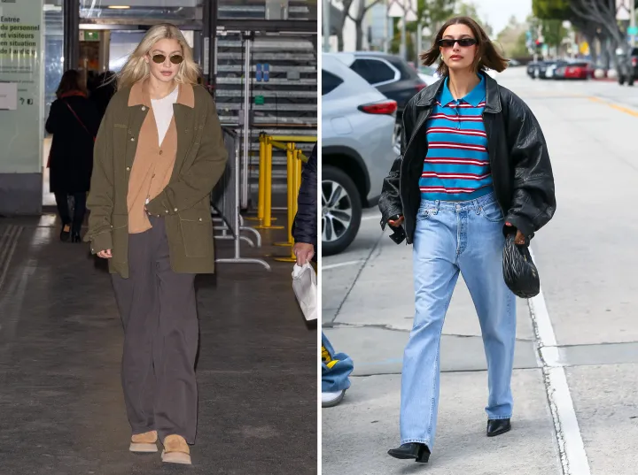 Gigi Hadid and Hailey Bieber green and brown striped leather jacket set - Image: Marc Piasecki / GC Images;  Bauer Griffin/GC Images/Getty Images