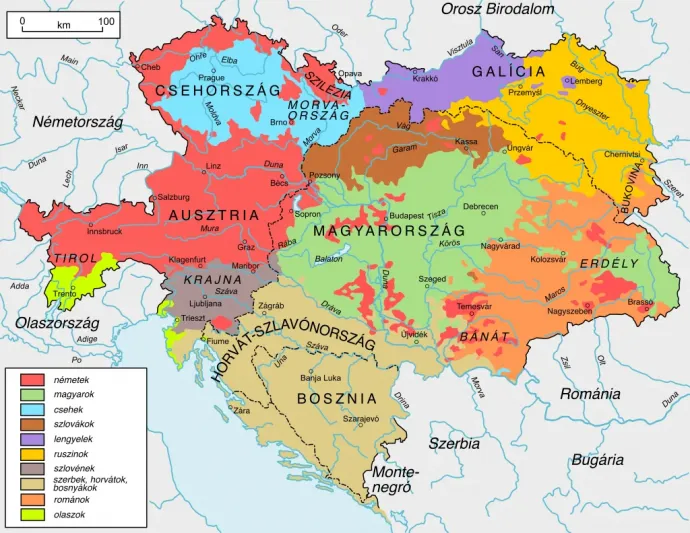 Nemzetiségek eloszlása az Osztrák–Magyar Monarchia területén – Forrás: William R. Shepherd: Historical Atlas (1911)