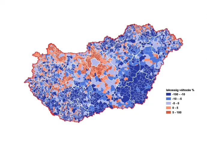 A lakónépesség változása Magyarország településein 2011 és 2022 között (százalék) – Illusztráció: Bódi Mátyás / Telex
