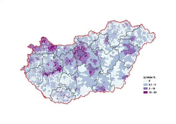 A 2010 óta épített lakások aránya a települési lakásállományban (százalék) – Illusztráció: Bódi Mátyás / Telex
