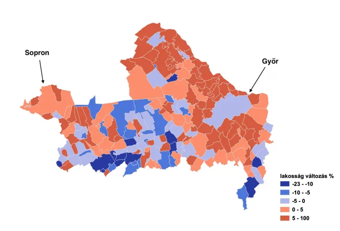 A lakónépesség változása 2011–2022 között Győr-Moson-Sopron megyében (százalék) – Illusztráció: Bódi Mátyás / Telex