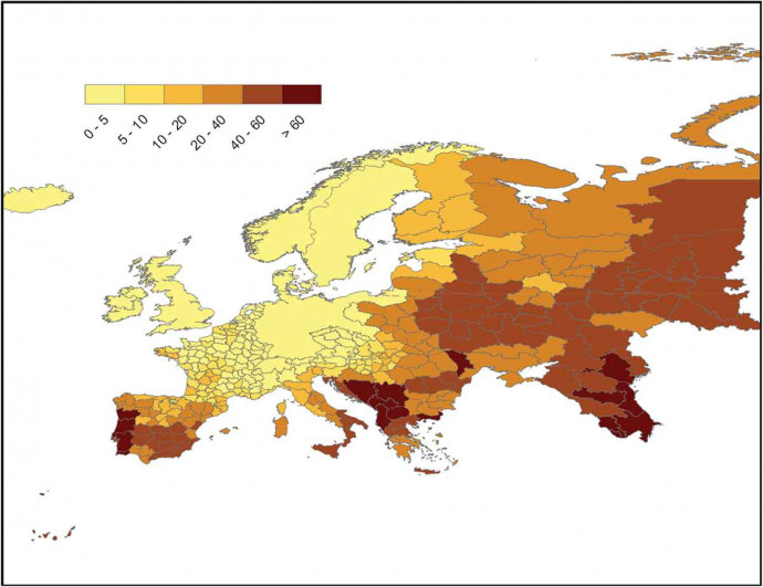 Írástudatlanság Európában 1930-ban. Forrás: Diebolt, C., & Hippe, R. (2019). The long-run impact of human capital on innovation and economic development in the regions of Europe. Applied Economics, 51(5), 542-563.