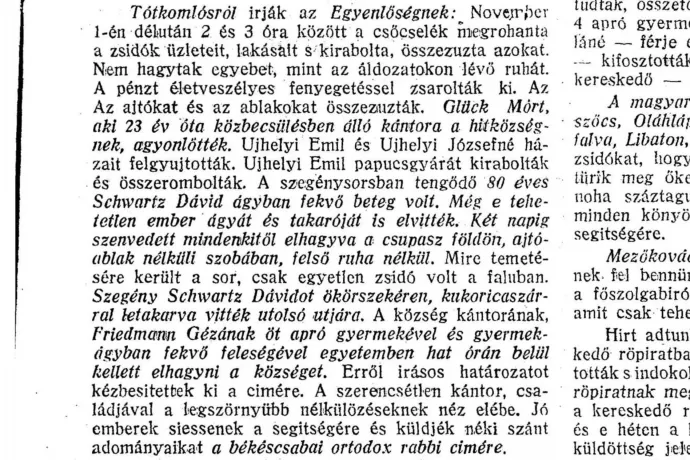 Részlet az Egyenlőség című folyóirat 1918. november 30-i számának a tótkomlósi fosztogatásokról szóló tudósításából – Forrás: Arcanum Digitális Tudománytár