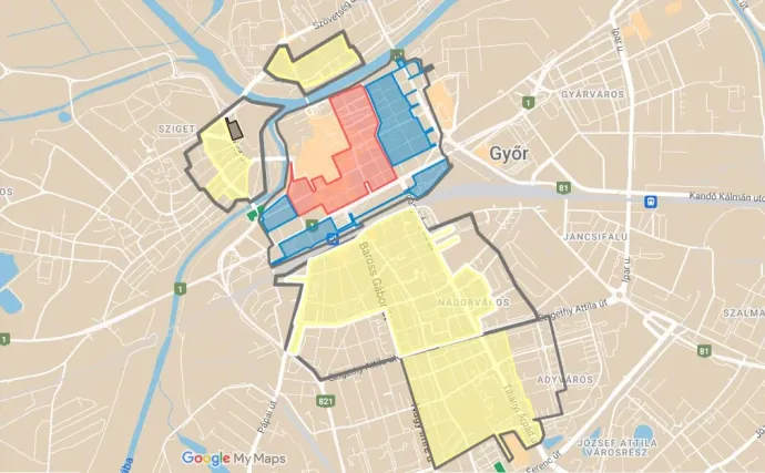 Ez az új parkolási térkép Győrben: a piros a legdrágább, a sárga a legolcsóbb, tehát a III-as körzet. 