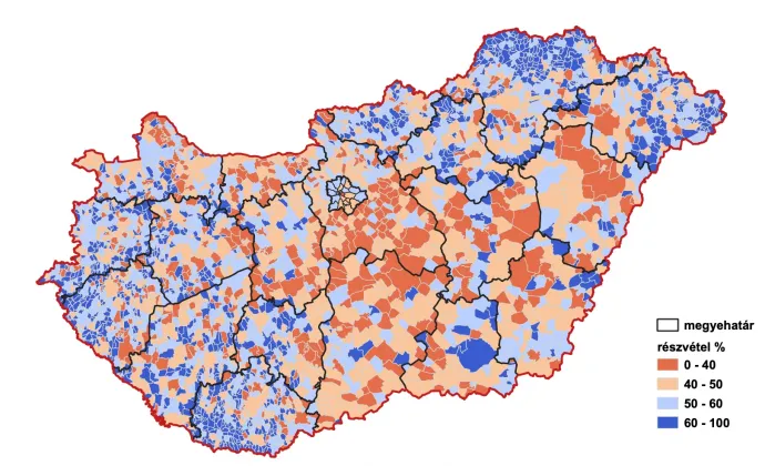 Választási részvétel a 2019-es önkormányzati választásokon (százalék) – Illusztráció: Bódi Mátyás / Telex