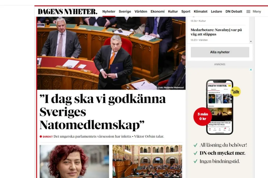 A svéd médiát sem hagyja hidegen, hogy a magyar Országgyűlés ma végre dönthet a svéd NATO-csatlakozás ratifikálásáról