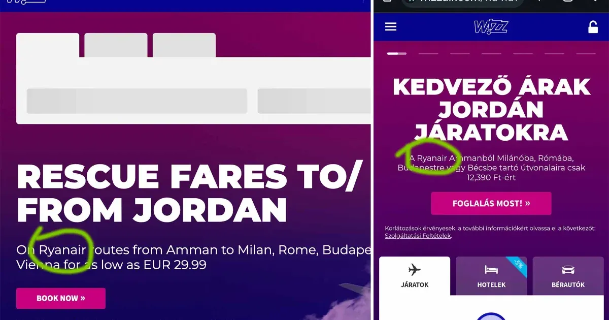 Úgy tűnhet, mintha a Ryanairt hirdetné saját oldalán a Wizz Air, de nem