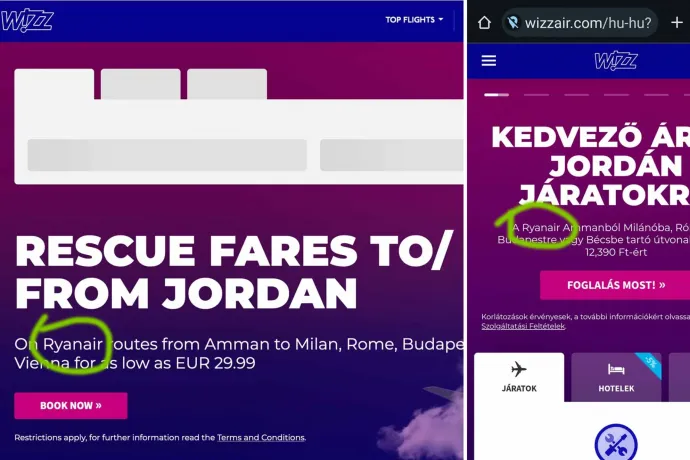Úgy tűnhet, mintha a Ryanairt hirdetné saját oldalán a Wizz Air, de nem