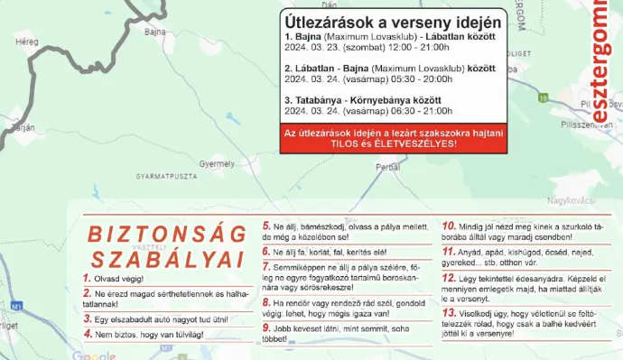 A 11. Esztergom–Nyerges Rally hivatalos tájékoztatójában szereplő biztonsági tanácsok – Fotó: Esztergomrally.hu