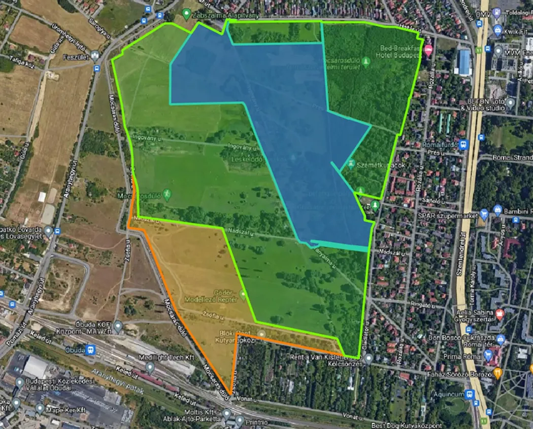 Kék színnel van jelölve a térképen a jelenleg is védett 24 hektáros terület, zölddel az újonnan védetté nyilvánított 51 hektár, naranccsal pedig az új közpark területe (13 hektár)
