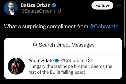 Orbán Balázs a nőgyülölő, nemi erőszakkal vádolt Andrew Tate Magyarország-dicséretéért is lehajolt