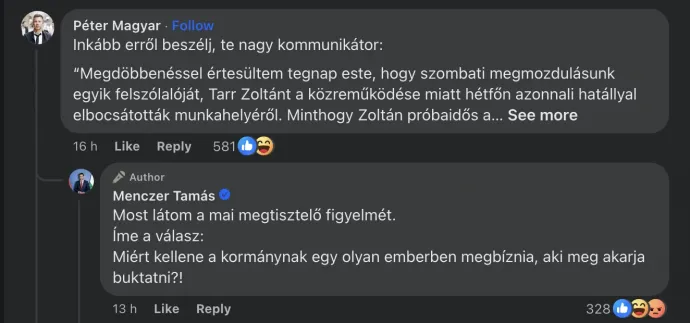 Magyar Péter és Menczer Tamás üzenetváltása a Facebookon