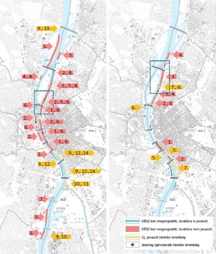 A két legkonfliktusosabb hajóosztály elhelyezési terve. Balra a rendezvényhajók megszüntetendő (piros) és új (sárga) kikötőhelyei, jobbra ugyanez a szállodahajók esetében – Forrás: Duna-parti Építési Szabályzat