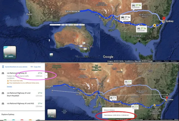 Rózsaszínnel bekarikázva az autóút hossza, pirossal a légvonalbeli táv, kis kézi észak–déli átlókompenzációval: ezért kezdődik a mérővonal kicsit Eucla alatt, és végződik kicsit Sydney fölött – Forrás: Google Térkép