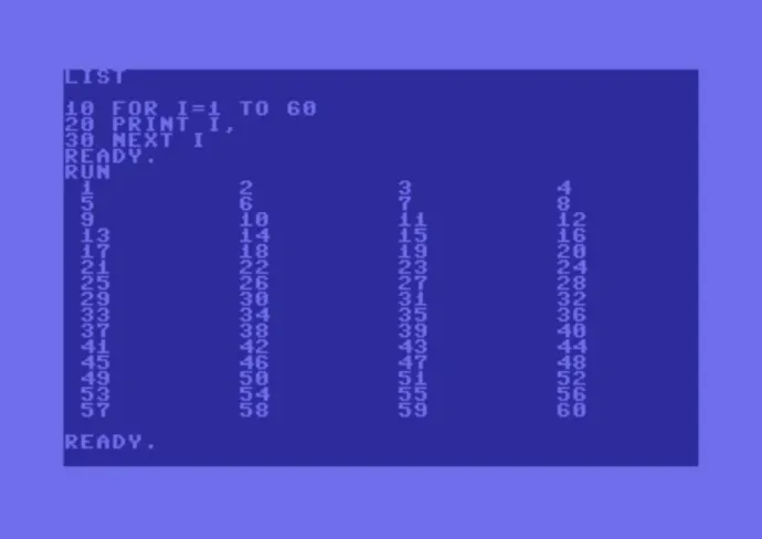 A számokat 1-től 60-ig megjelenítő egyszerű BASIC-program C64-en – Fotó: Stöckert Gábor / Telex