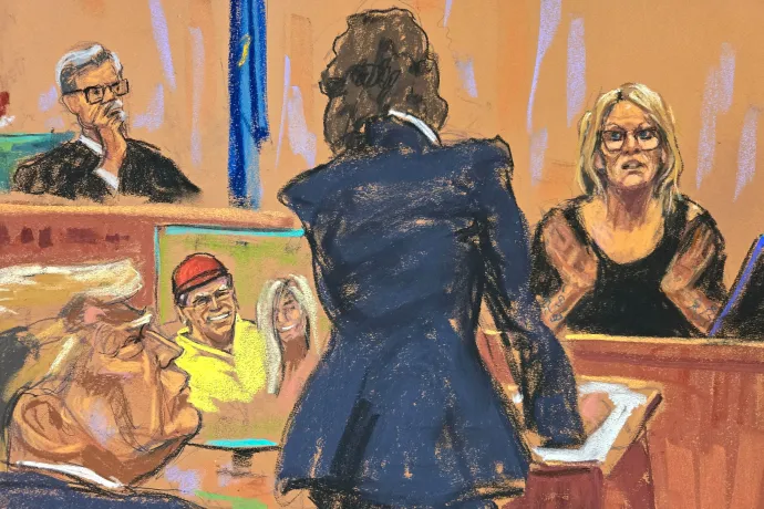 A bírósági rajzon Stormy Daniels vallomást tesz Susan Hoffinger ügyész és Juan Merchan bíró előtt – Fotó: Jane Rosenberg / Reuters