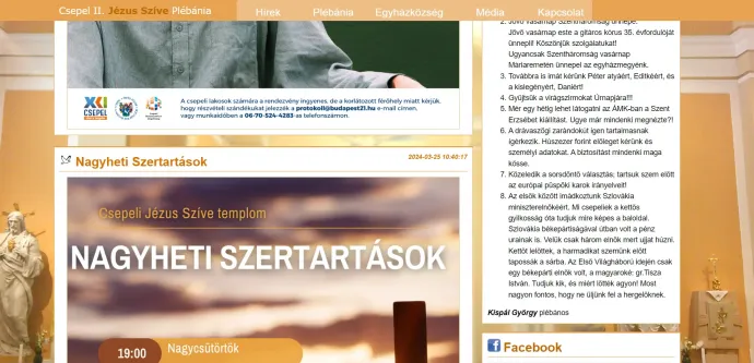 A Jézus Szíve Plébánia honlapja / Képernyőkép 