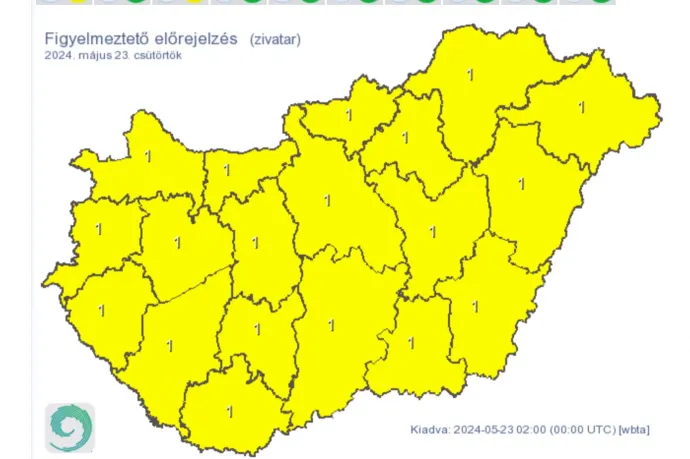 Citromsárga figyelmeztetést adtak ki zivatarok miatt az egész országra