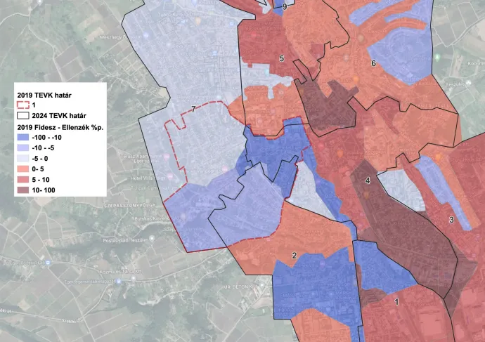 A korábbi 1-es választókerület (piros szaggatott vonal) az új választókerületek által feldarabolva, valamint a 2019-es egyéni eredmények (kék szín: ellenzéki szavazat többség) – Forrás: Kovalcsik Tamás / Telex