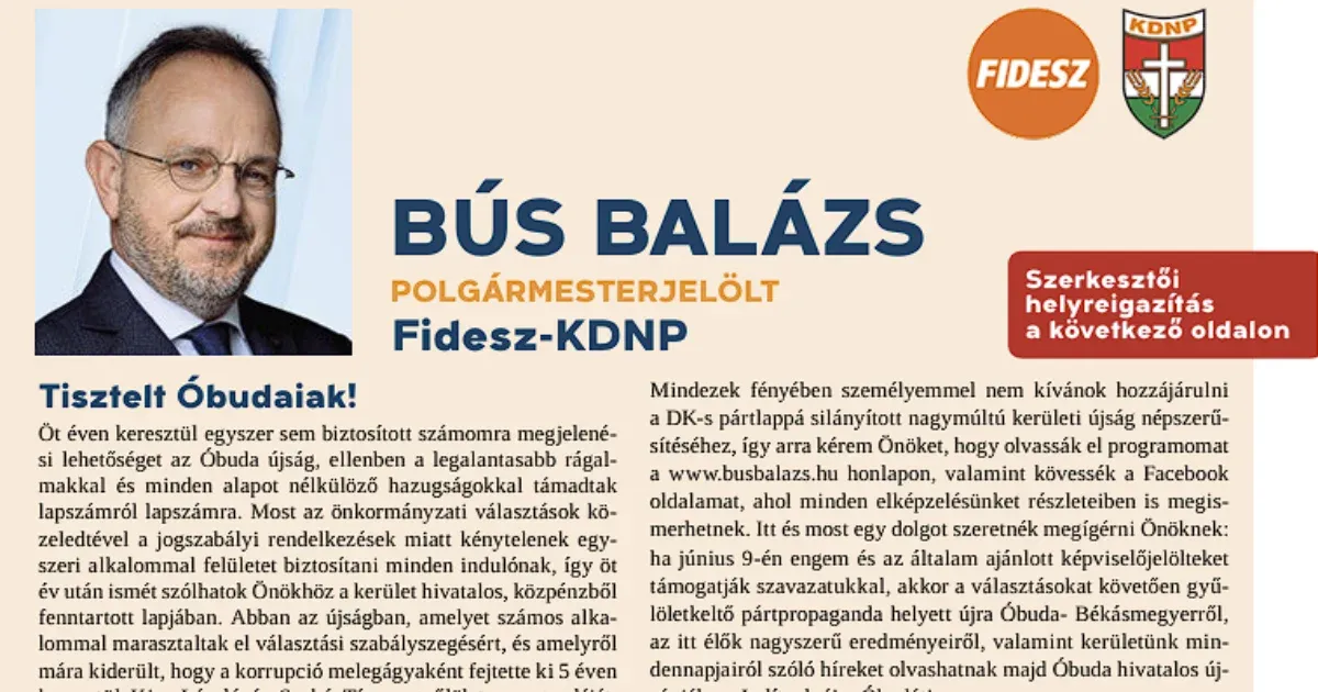 Óbuda fideszes polgármesterjelöltje úgy bemutatkozott a kerületi lapban, hogy rögtön helyre is igazították