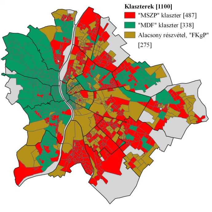 Az 1994-es országgyűlési választások szavazóköri szintű eredményeinek kategorizálása Budapesten – Forrás: Választási Földrajz / Telex