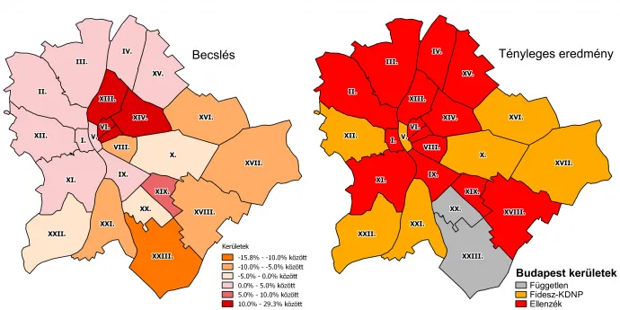 A 2018-as országgyűlési választási eredmények alapján készült becslés (balról) és a 2019-es kerületi polgármesteri tényleges eredmények (jobbról) – Forrás: Választási Földrajz / Telex