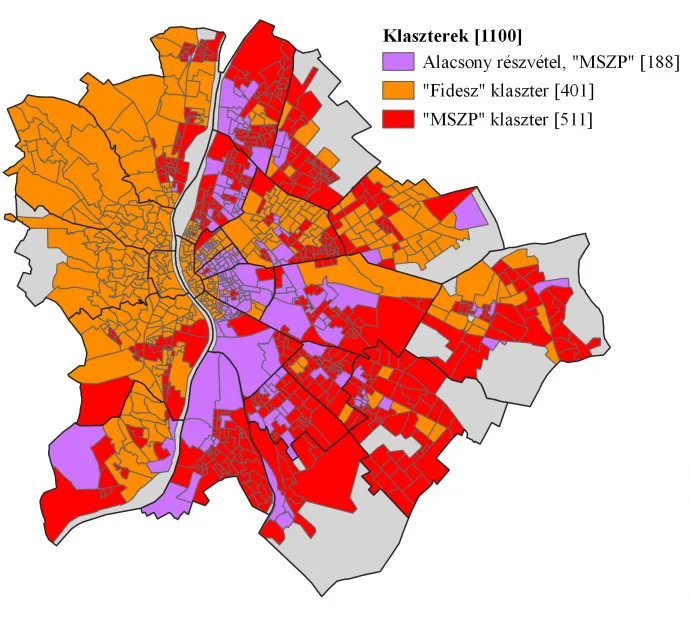 A 2006-os országgyűlési választások szavazóköri szintű eredményeiből képzett csoportosítás Budapesten – Forrás: Választási Földrajz / Telex