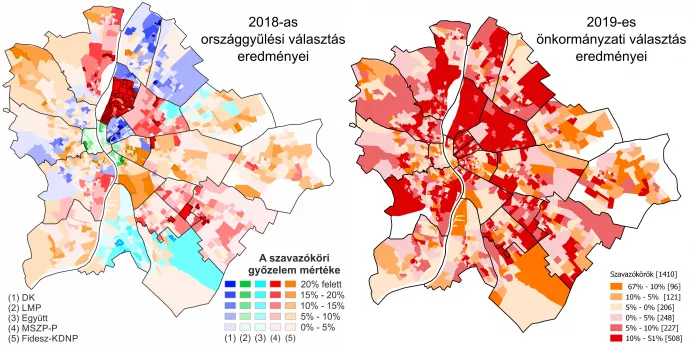 A 2018-as országgyűlési – egyéni (balról) és a 2019-es önkormányzati – főpolgármesteri (jobbról) választás szavazóköri szintű eredményei Budapesten – Forrás: Választási Földrajz / Telex