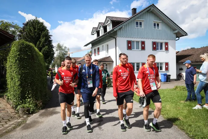 Fent: Nagy Zsolt, Dibusz Dénes, Gazdag Dániel és Kleinheisler László érkezik a gyakorlásra, most is kíváncsiak voltak rájuk a nézők; lent: Marco Rossi elismerte a felelősségét, mellette a segítője – Fotó: Huszti István / Telex