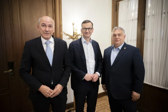 Jobbról balra: Orbán Viktor miniszterelnök, Mateusz Morawiecki volt lengyel kormányfő és Janez Janša szlovén ex-miniszterelnök találkozója Brüsszelben 2024. június 17-én – Fotó: MTI / Miniszterelnöki Sajtóiroda / Benko Vivien Cher